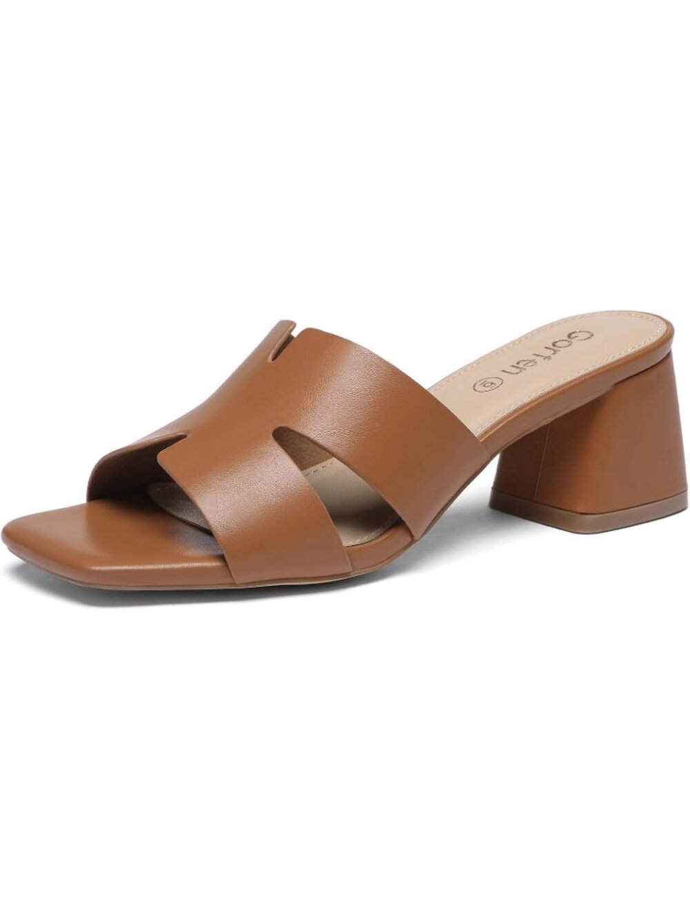 Women's Brown Square Open Toe Sandals Low Block Chunky Heel Slip on Casual Shoes